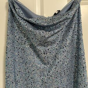 Blue silver strapless jumpsuit covered in rhinestones zipper in back skinny leg